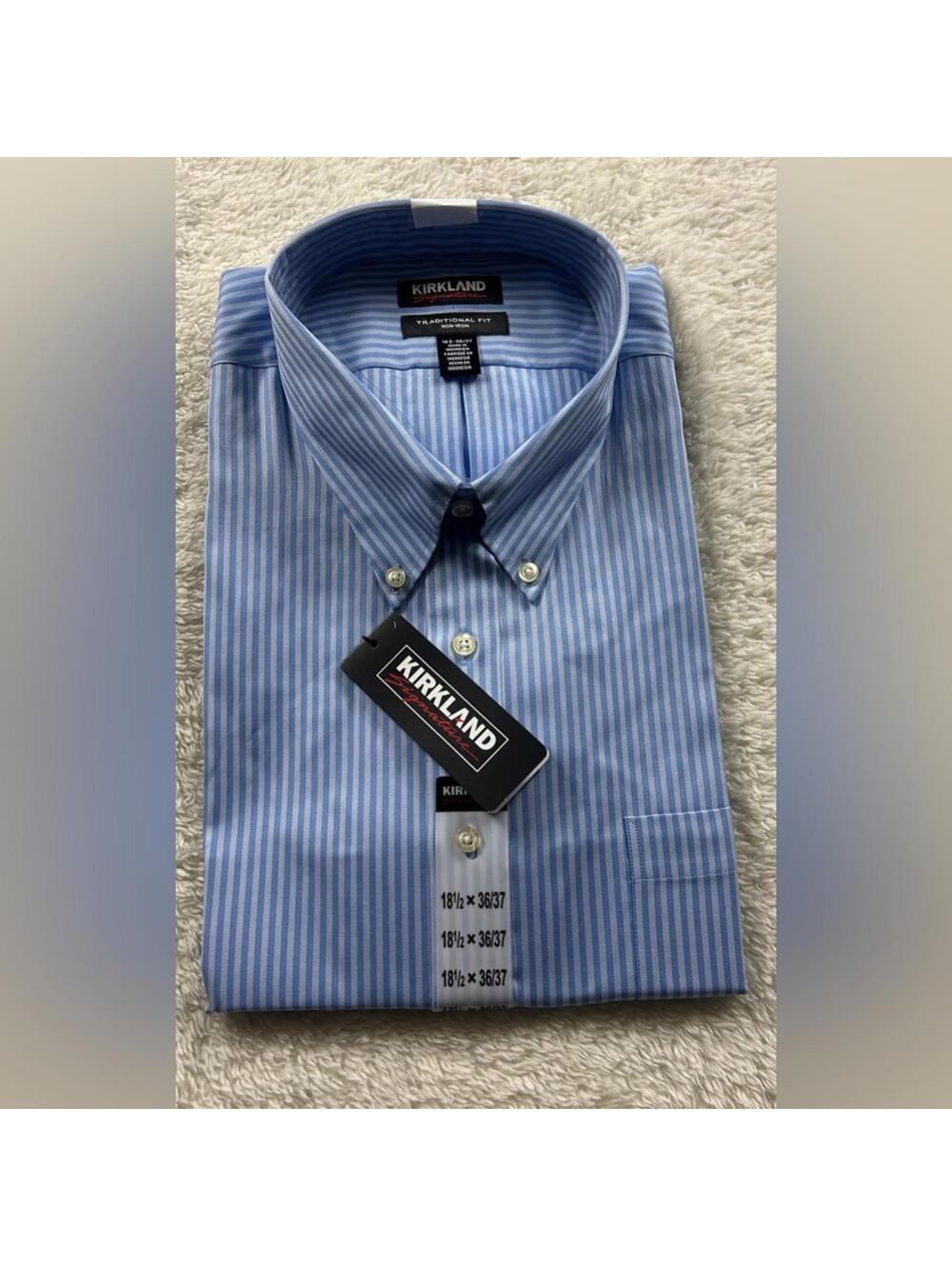 Kirkland Signature Men's Blue Stripe Dress Shirt 36/37 Button Down New NWT